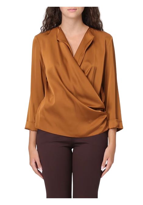 blusa in raso con scollo incrociato e pieghe laterali hanita | H.M3101.4456CUOIO