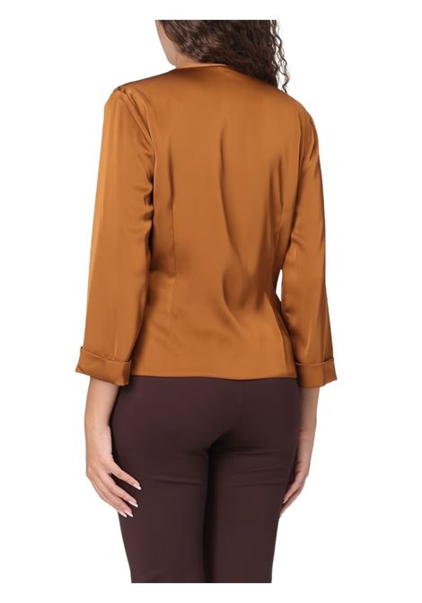 blusa in raso con scollo incrociato e pieghe laterali hanita | H.M3101.4456CUOIO