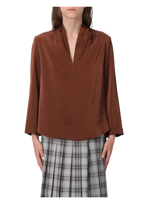 blusa in raso con pieghe al collo senza collana hanita | H.M3106SA.4479CUOIO